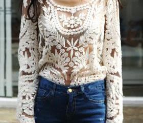 Embroidery Floral Lace Crochet Blouse