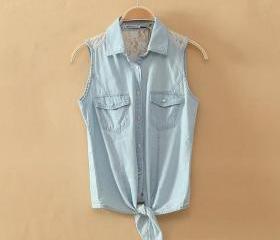 Light Blue Denim Shirt With Lace